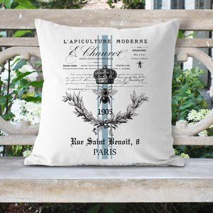 French Country Throw Pillow Cover, King Bee, Blue